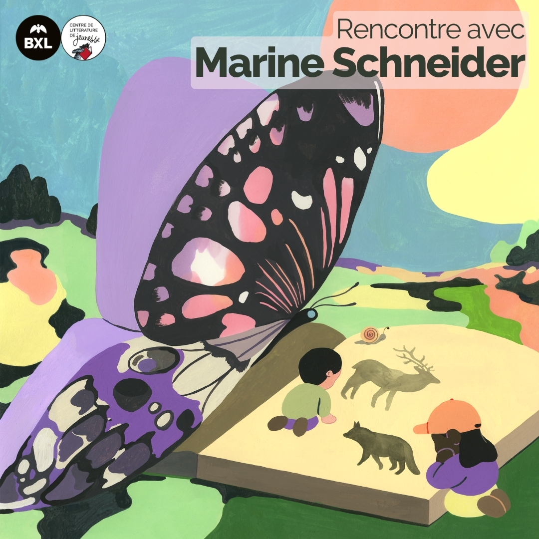 Extrait carré de l'affiche de Lire Dans les Parcs 2026 réalisée par Marine Schneider (dans un décor de nature stylisée par des couleurs, un grand papillon coloré, des enfants et des animaux sont installés sur un livre géant et sont attentifs à son contenu)