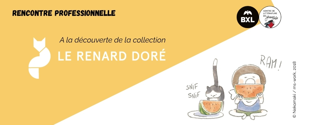Annonce de la séance de découverte de la collection Le renard doré avec un dessin de type manga d'un enfant et d'un chat qui s'apprêtent à déguster chacun un morceau de pasthèque