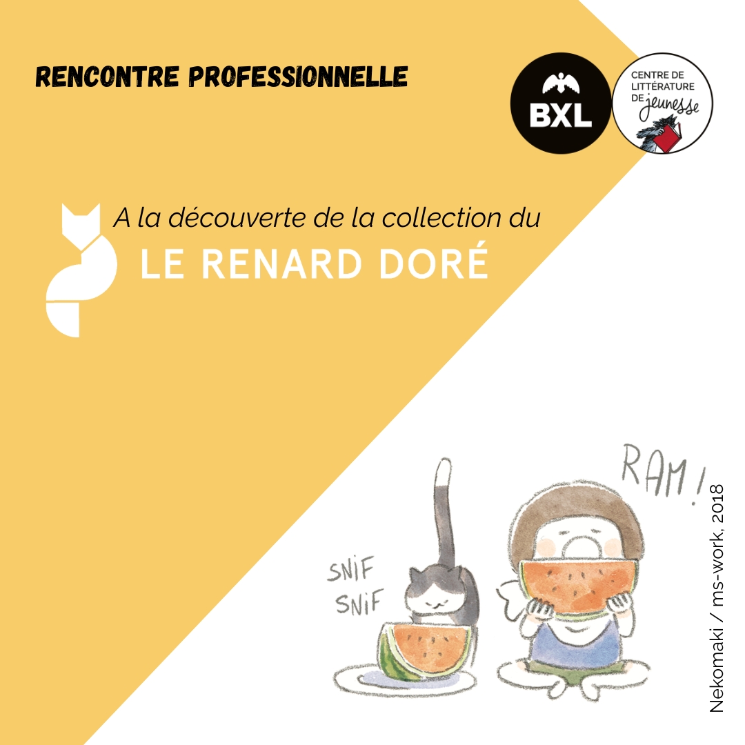 Annonce de la séance de découverte de la collection Le renard doré avec un dessin de type manga d'un enfant et d'un chat qui s'apprêtent à déguster chacun un morceau de pasthèque 