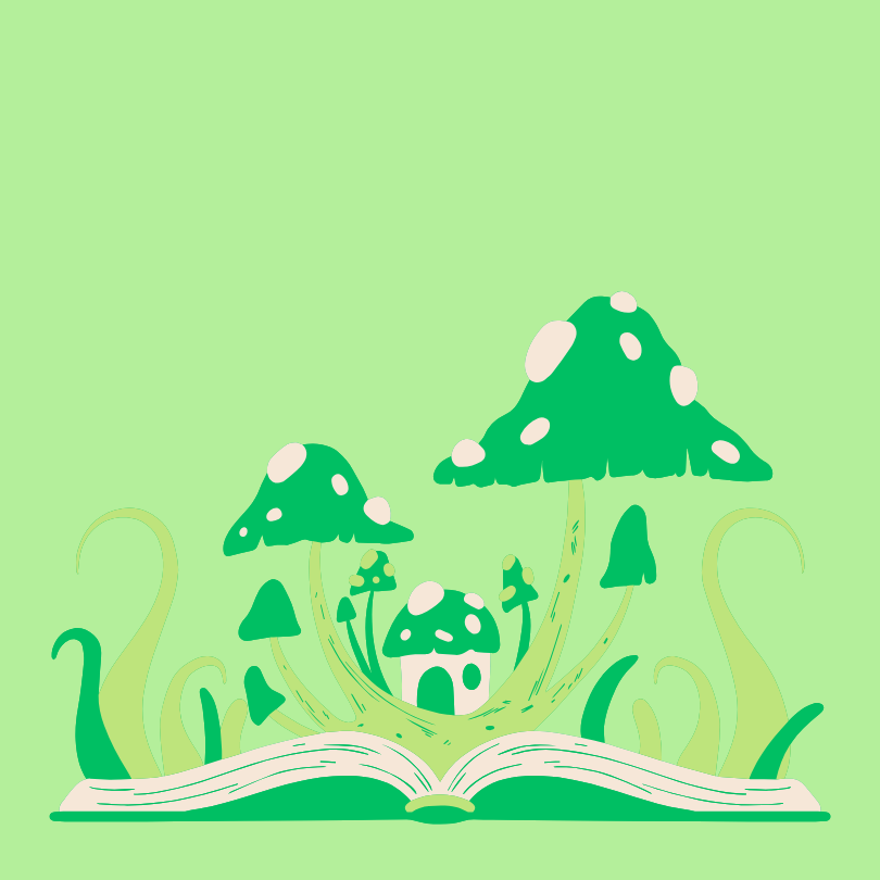 Picto représentant des champignons qui sortent d'un livre à la manière d'un pop-up
